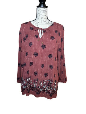 Magnolia Grace Extra Large Mauve Paisley Boho Blouse w 3/4 Sleeves & neck tie